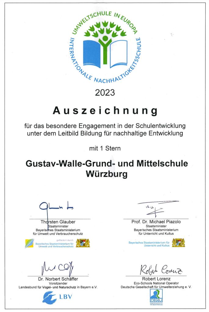 20231208_Urkunde_Umweltschule Gustav Walle Schule – Wir sind wieder Umweltschule!